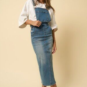 Long Overall Straight Fit Denim Skirt in Medium Wash